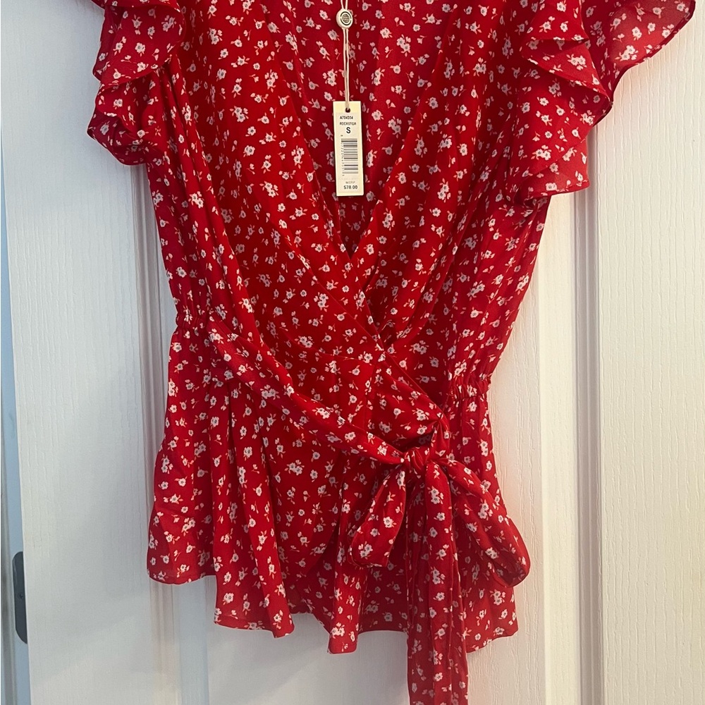Max Studio Floral Red Wrap Top